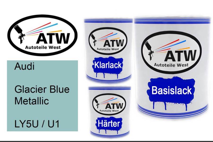 Audi, Glacier Blue Metallic, LY5U / U1: 1L Lackdose + 1L Klarlack + 500ml Härter - Set, von ATW Autoteile West.